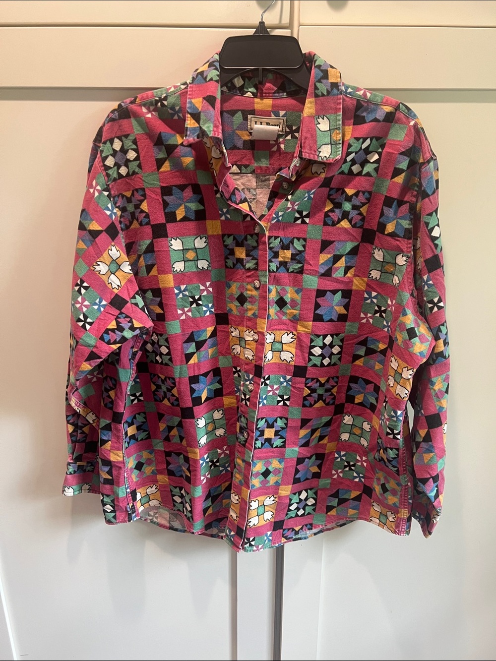 Vintage 90s L.L. Bean Quilt Patchwork Print Cotton Flannel Shirt - Large